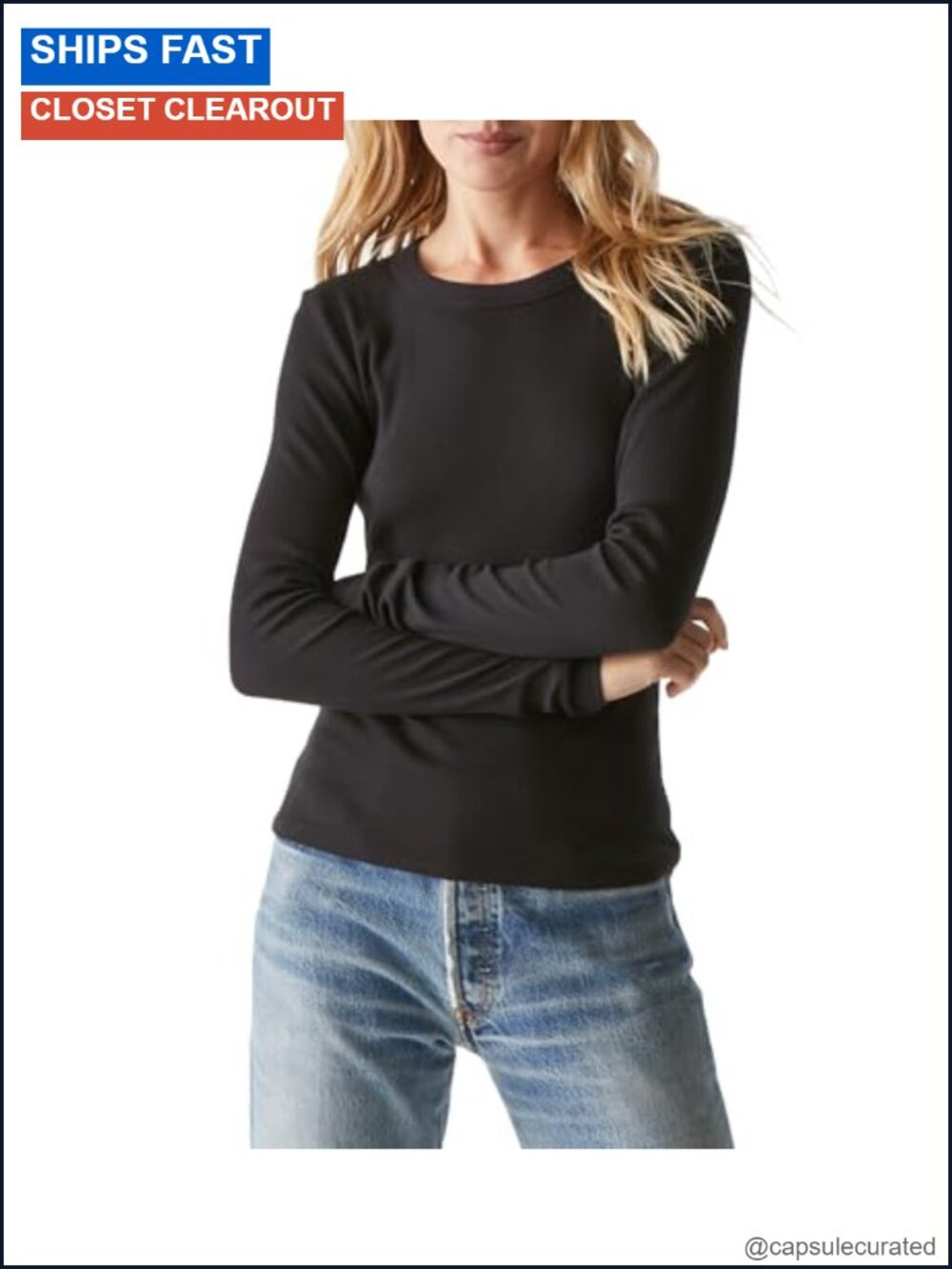 Long Sleeve Ribbed Crew Neck Fitted Tee Wide Binding